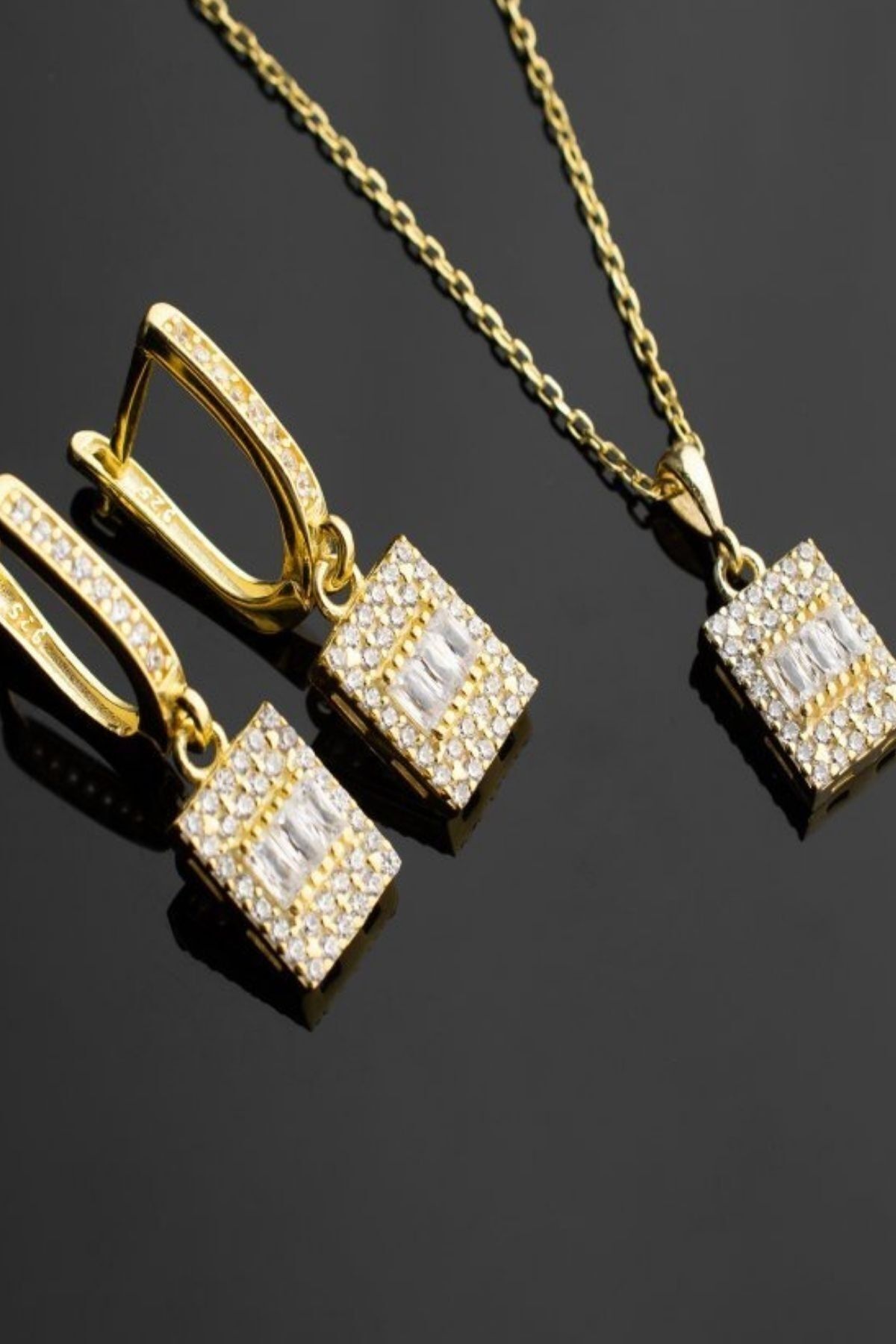 925 Ayar Gümüş Pırlanta Modeli Kolye-küpe Takı Seti Gold - Tek Ebat