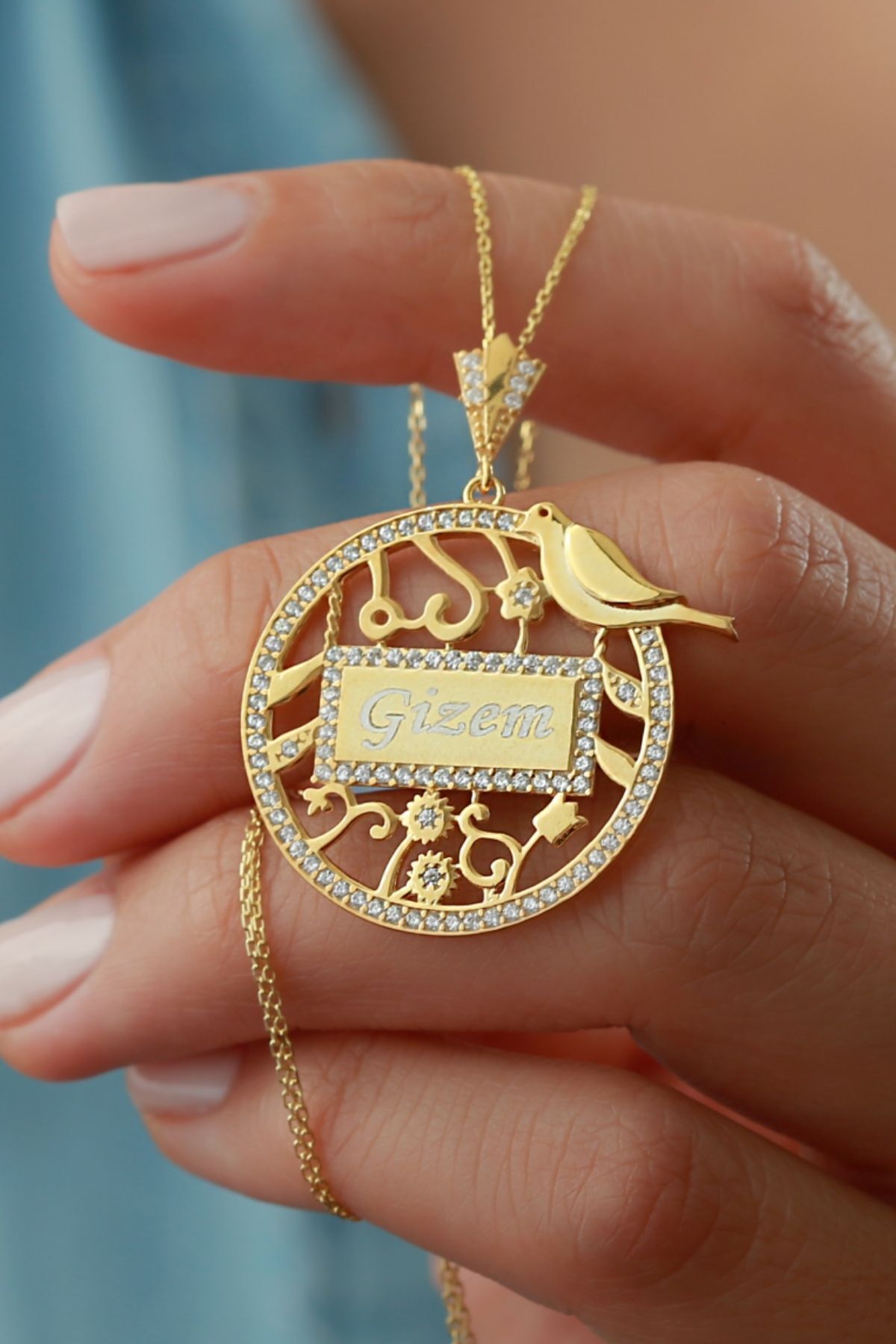925 Ayar Gümüş Isimli Kuşlu Kolye Gold - Tek Ebat