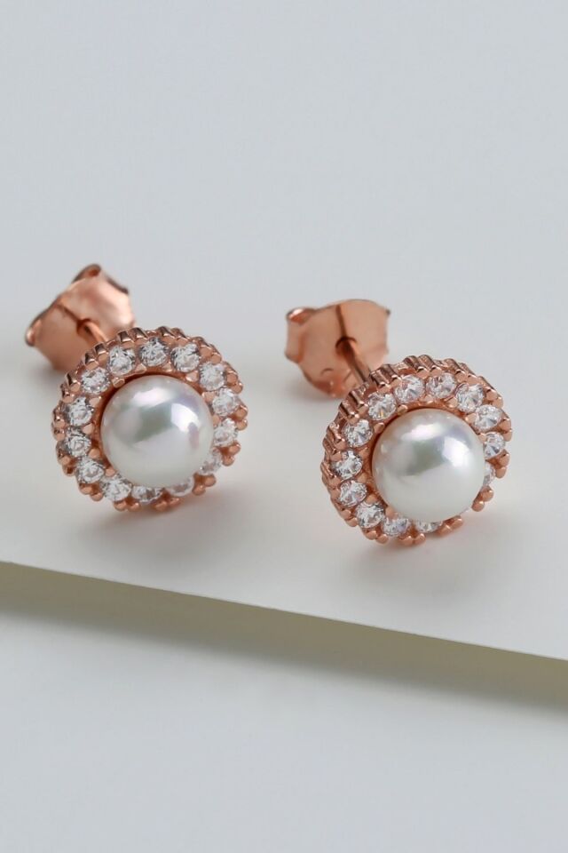 925 Ayar Gümüş Incili Küpe ( Rose Gold )