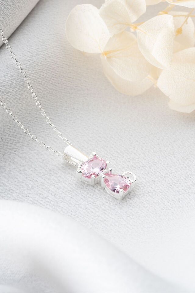 925 Ayar Gümüş Pembe Taşlı Kedi Kolye