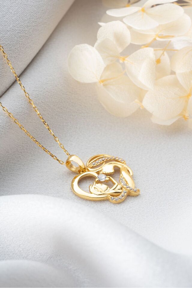 925 Ayar Gümüş Gold Kalp Anne Bebek Kolye