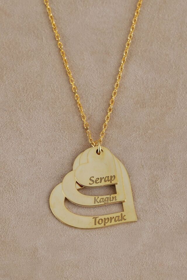 925 Ayar Gümüş Isimli Üç Kalpli Kolye Gold - Tek Ebat