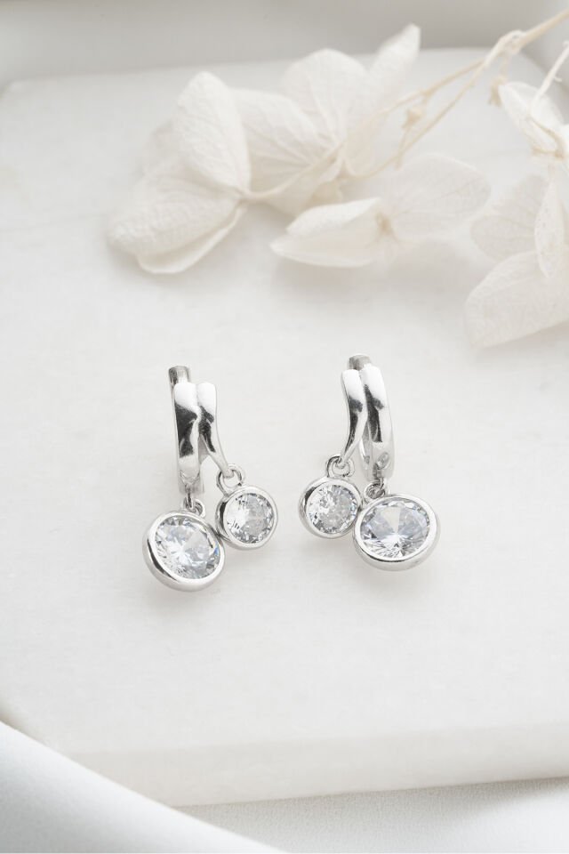 925 Ayar Gümüş Çift Taşlı Küpe Silver - Tek Ebat