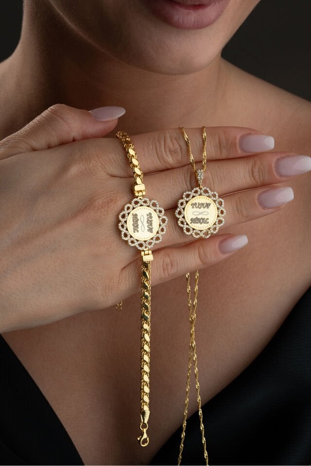 925 Ayar Altın Kaplama Gümüş Pullu Sonsuzluklu İsim Yazılabilen Kolye Bilekil Set