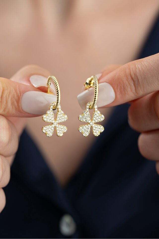 925 Ayar Gümüş Gold Zirkon Taşlı Yonca Küpe Gold