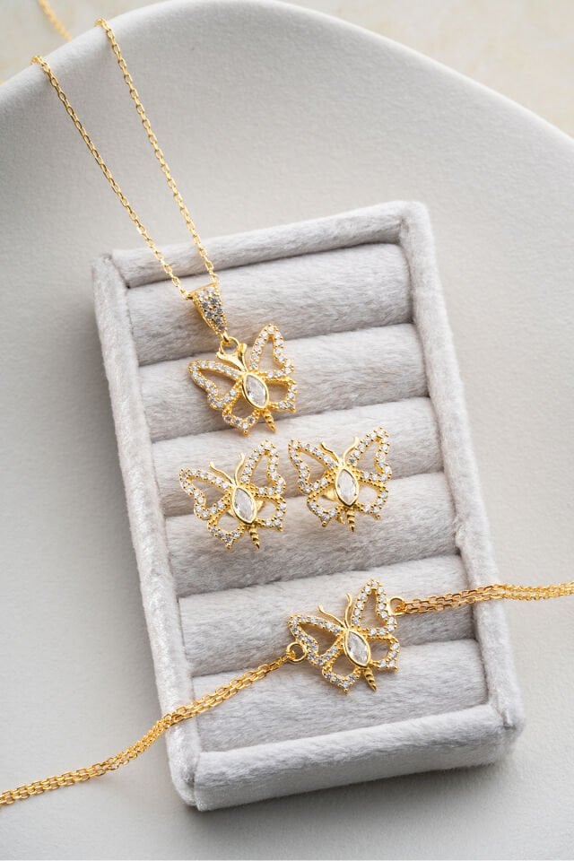 925 Ayar Gümüş Altın Kaplama Kelebek Kolye Küpe Bileklik Set