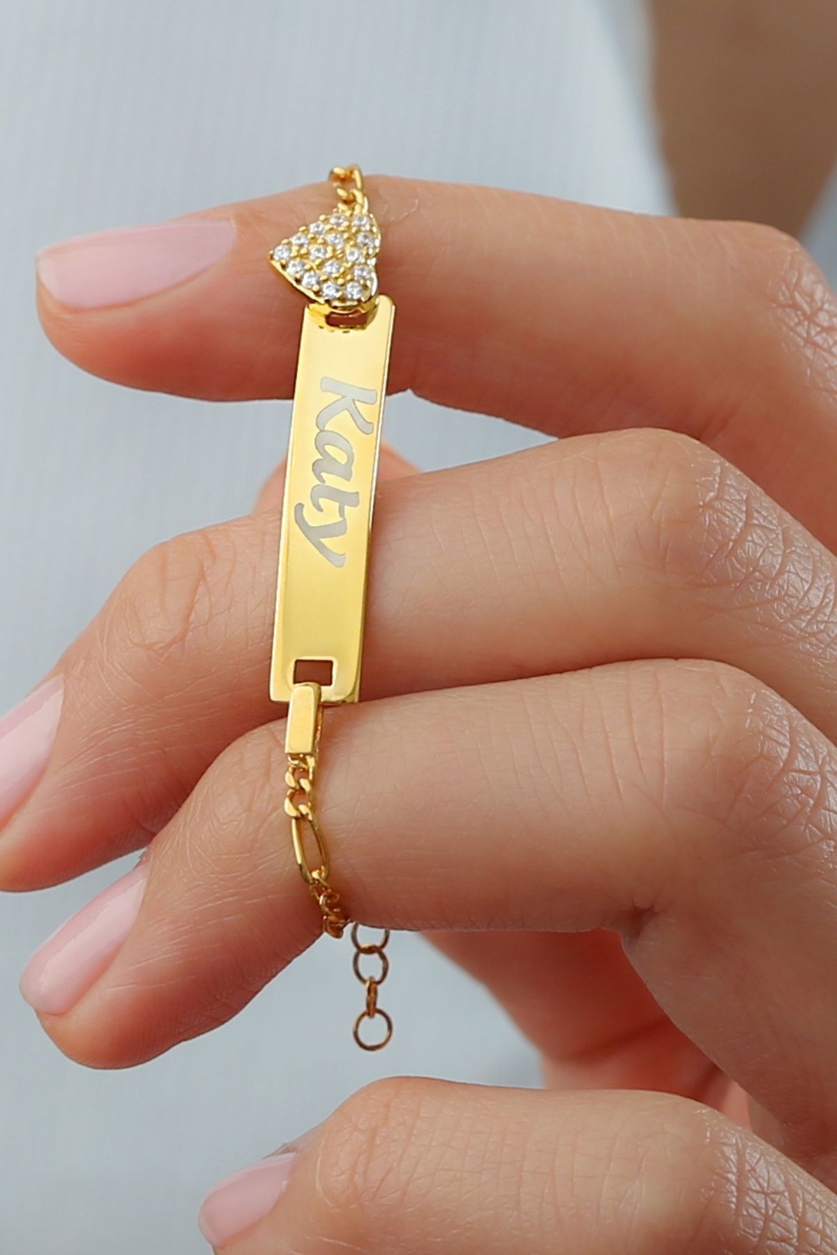 925 Ayar Gümüş Kalpli Isimli Çocuk Bileklik Gold - Tek Ebat