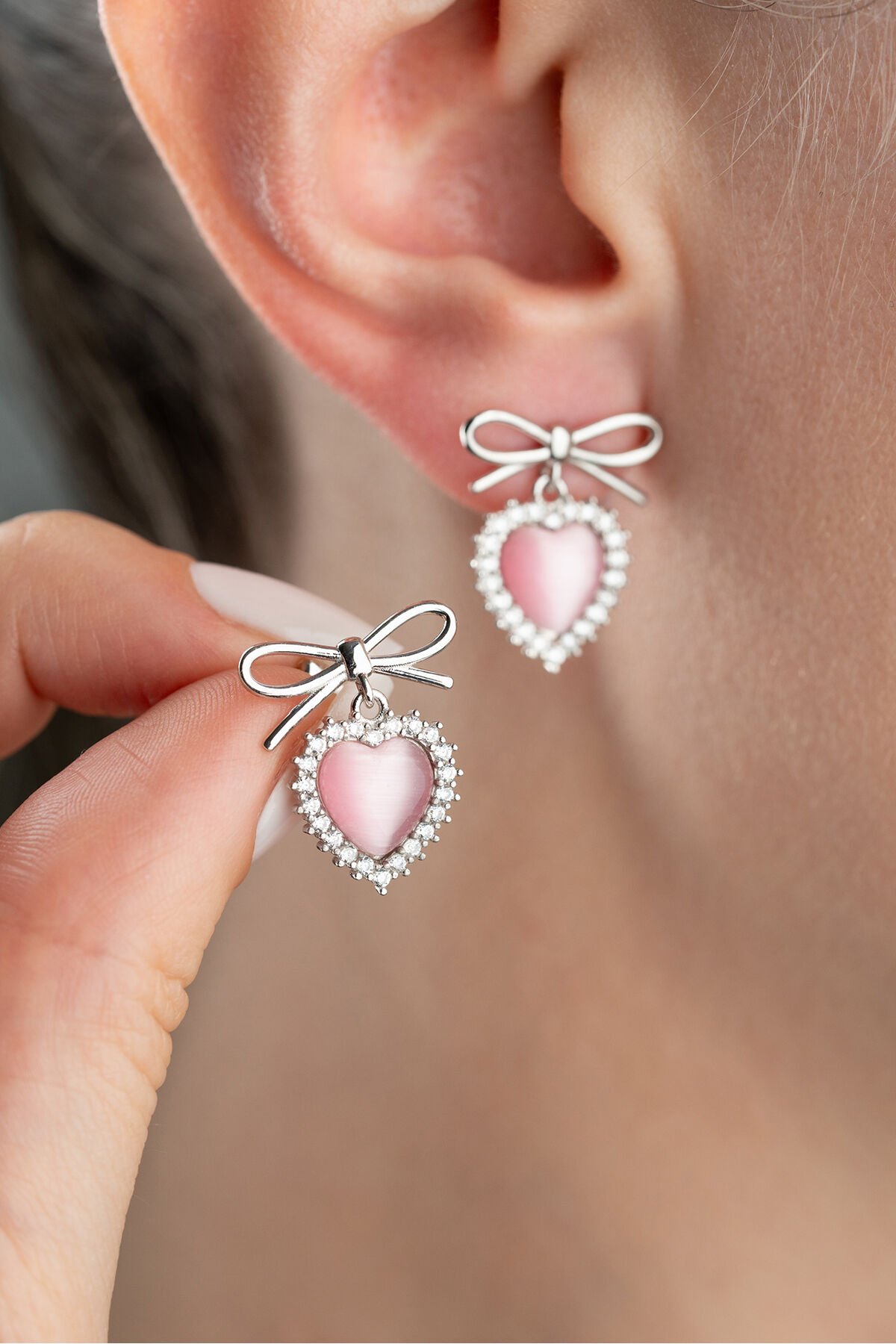 925 Ayar Gümüş Fiyonklu Pembe Kalp Küpe Silver