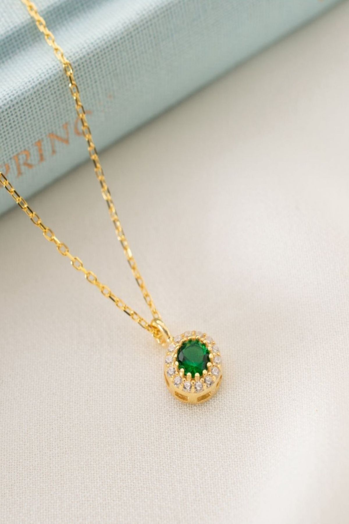 925 Ayar Gümüş Mayıs Ayı Doğum Taşı ( Emerald ) Kolye Gold - Tek Ebat