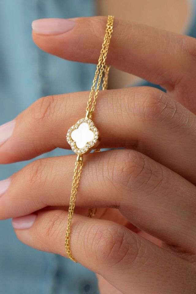925 Ayar Gümüş Sedefli Yonca Bileklik Gold - Tek Ebat