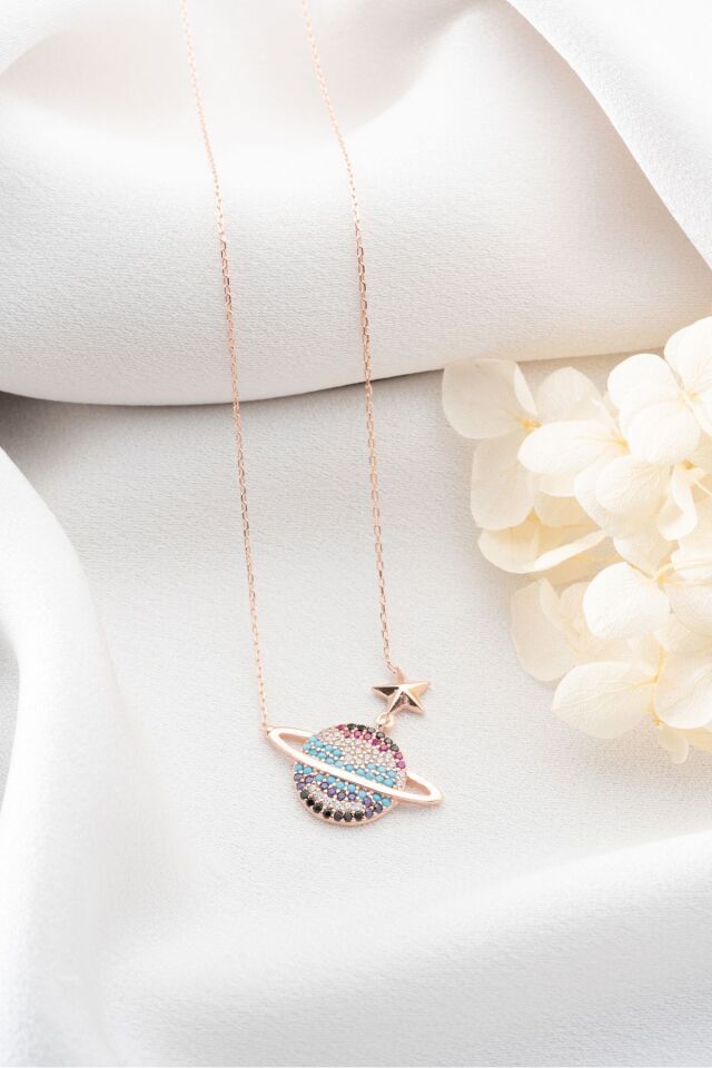 925 Ayar Gümüş Rose Renkli Taşlı Gezegen Kolye