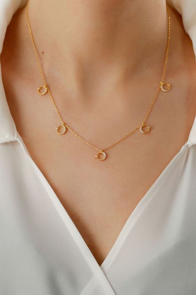 925 Ayar Gümüş Ay Yıldız Şans Kolyesi Gold - Tek Ebat