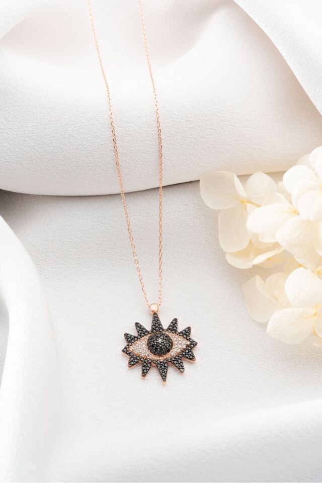 925 Ayar Gümüş Siyah Zirkon Taşlı Göz Kolye