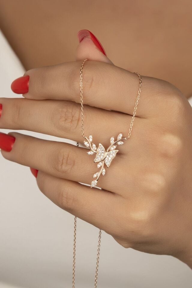 925 Ayar Gümüş Rose Daldaki Kelebek Kolye