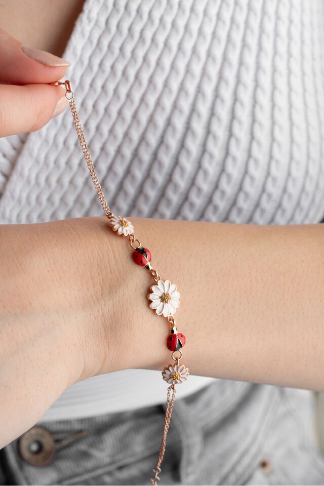 925 Ayar Gümüş Ugurböcekli Papatya Bileklik Rose - Tek Ebat