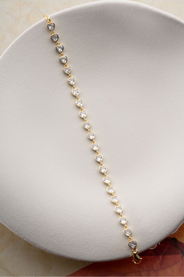 925 Ayar Gümüş Altın Kaplama Kalpli Bileklik Sarı - 21 cm