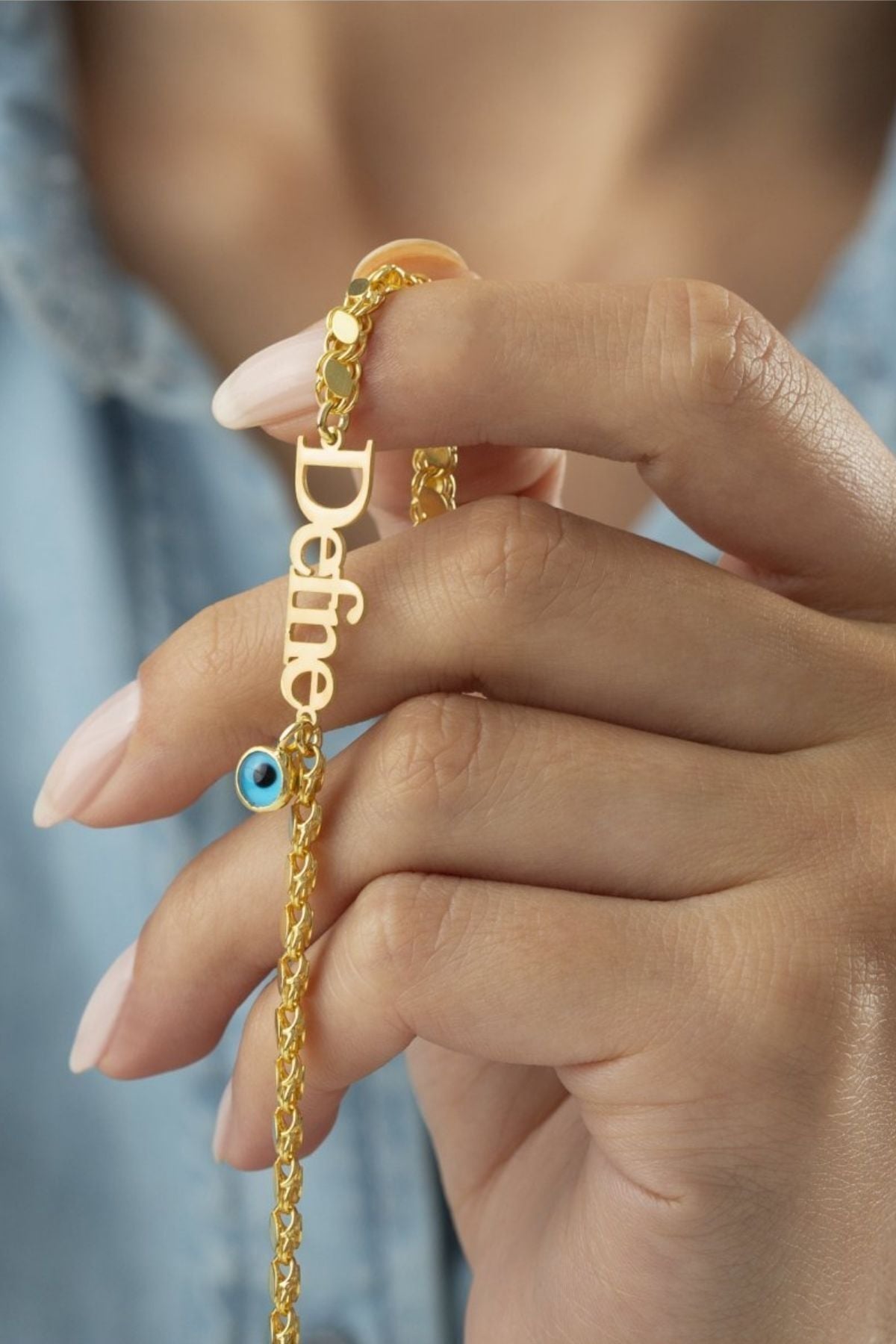 925 Ayar Gümüş Pullu Zincir Isimli Nazarlı Bileklik Gold - Tek Ebat