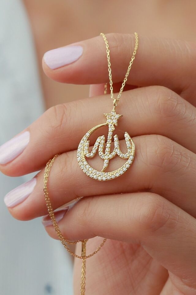 925 Ayar Gümüş Allah Lafzı Kolye Gold - Tek Ebat