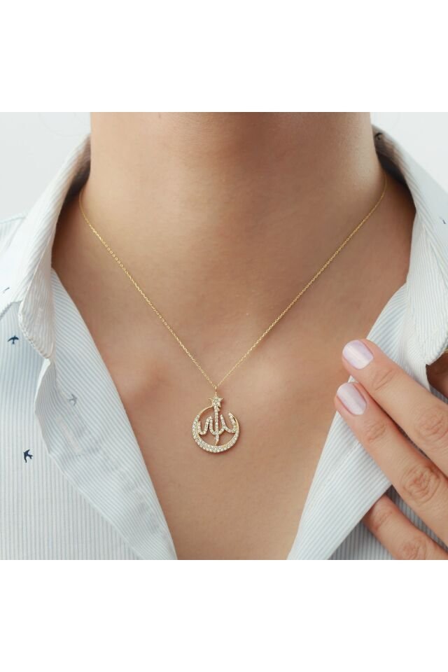 925 Ayar Gümüş Allah Lafzı Kolye Gold - Tek Ebat