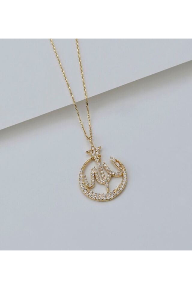925 Ayar Gümüş Allah Lafzı Kolye Gold - Tek Ebat