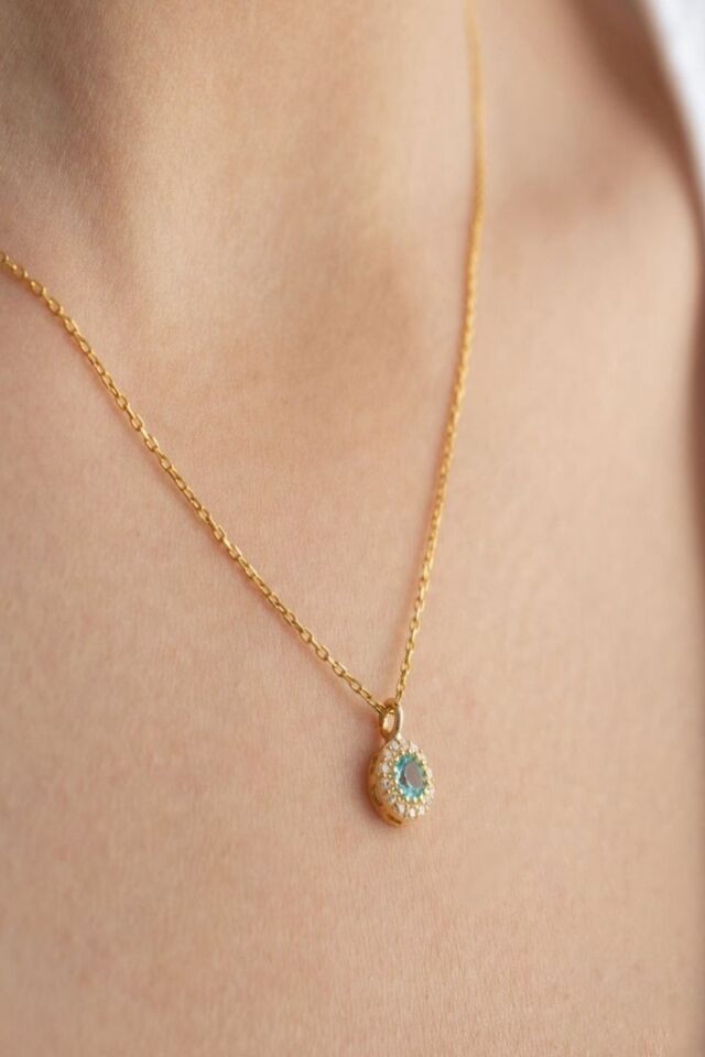 925 Ayar Gümüş Aralık Ayı Doğum Taşı ( Blue Topaz ) Kolye - Küpe Seti