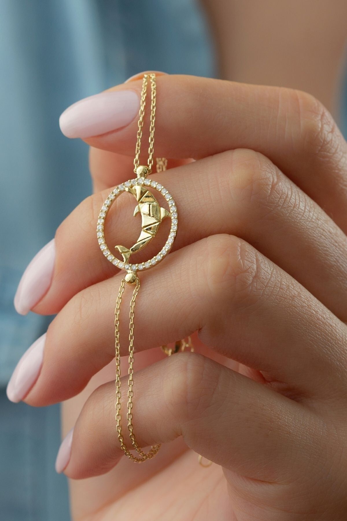 925 Ayar Gümüş Origami Yunus Bileklik Gold - Tek Ebat
