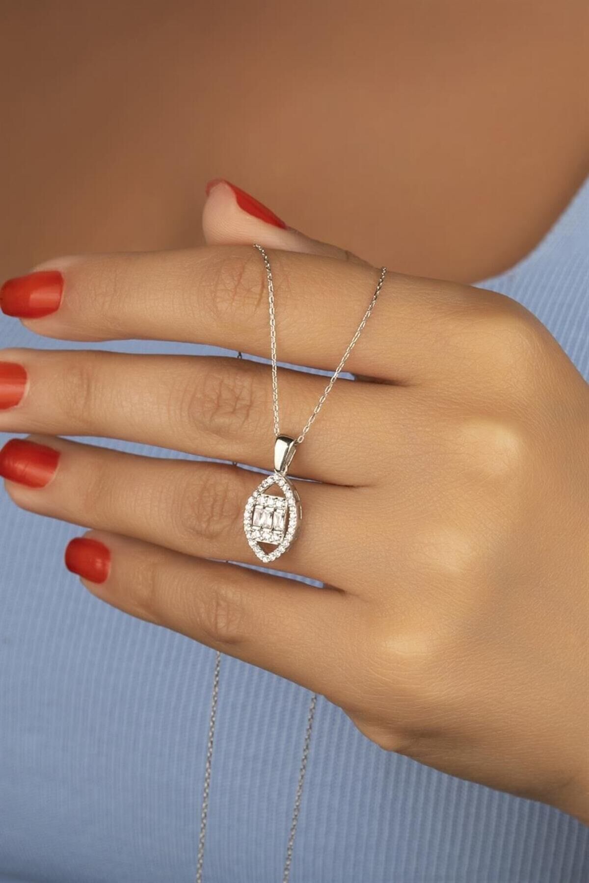 925 Ayar Gümüş Baget Taşlı Kolye Silver - Tek Ebat
