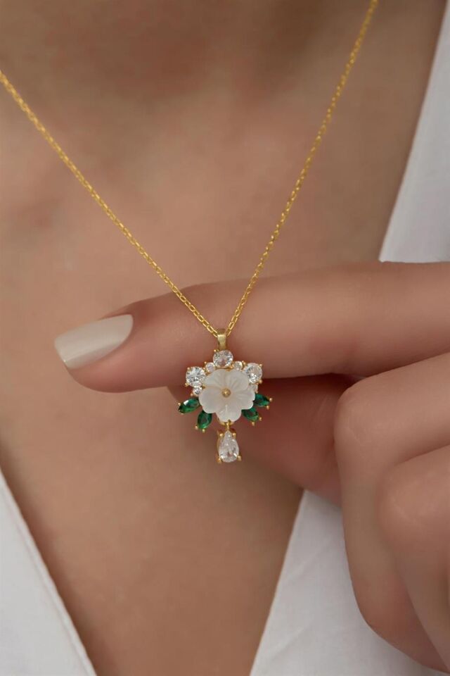925 Ayar Gümüş Tektaş Sedefli Kolye Gold - Tek Ebat
