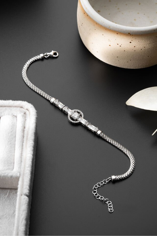 925 Ayar Gümüş Bagetli Trend Bileklik Silver - Tek Ebat