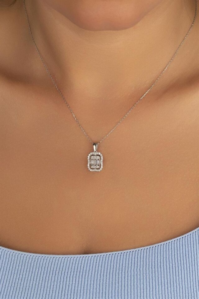 925 Ayar Gümüş Baget Taşlı Kolye Silver - Tek Ebat