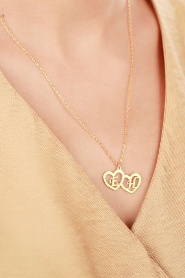 925 Ayar Gümüş Ikiz Kalpli Kolye Gold - Tek Ebat
