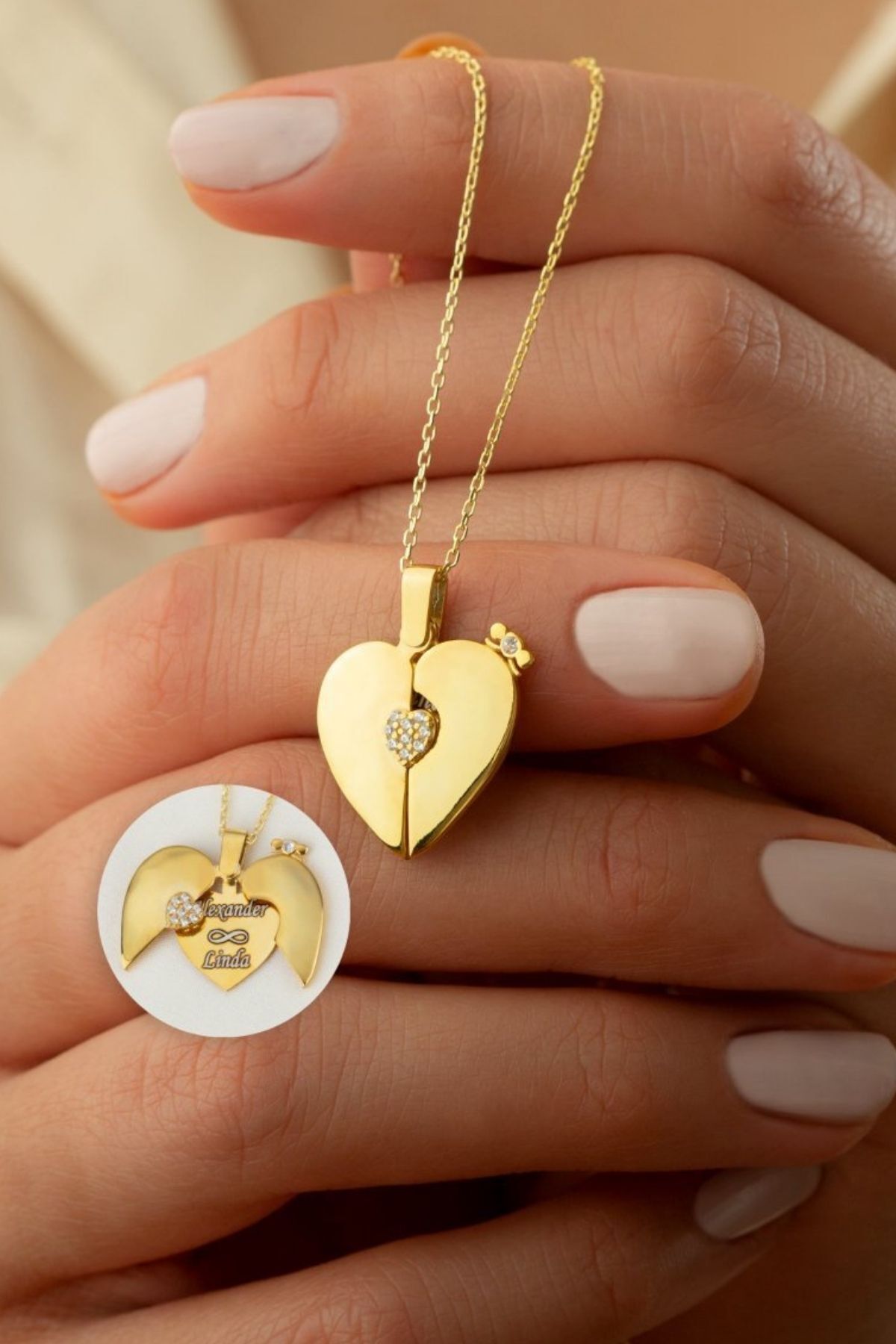925 Ayar Gümüş Tek Taşlı Açılan Kalp Kolye Gold - Tek Ebat