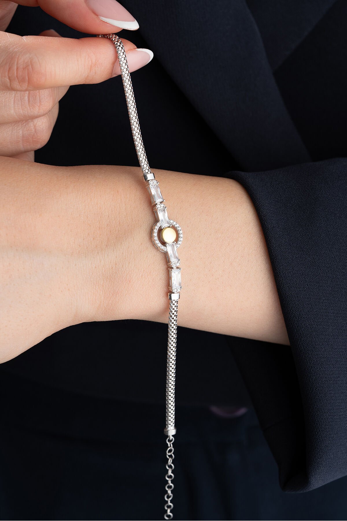 925 Ayar Gümüş Taşlı Trend Bileklik Silver - Tek Ebat