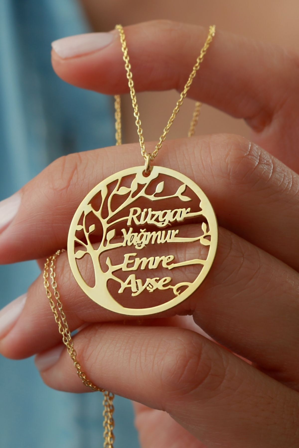 925 Ayar Gümüş Isimli Soy Ağacı Kolye Gold - Tek Ebat