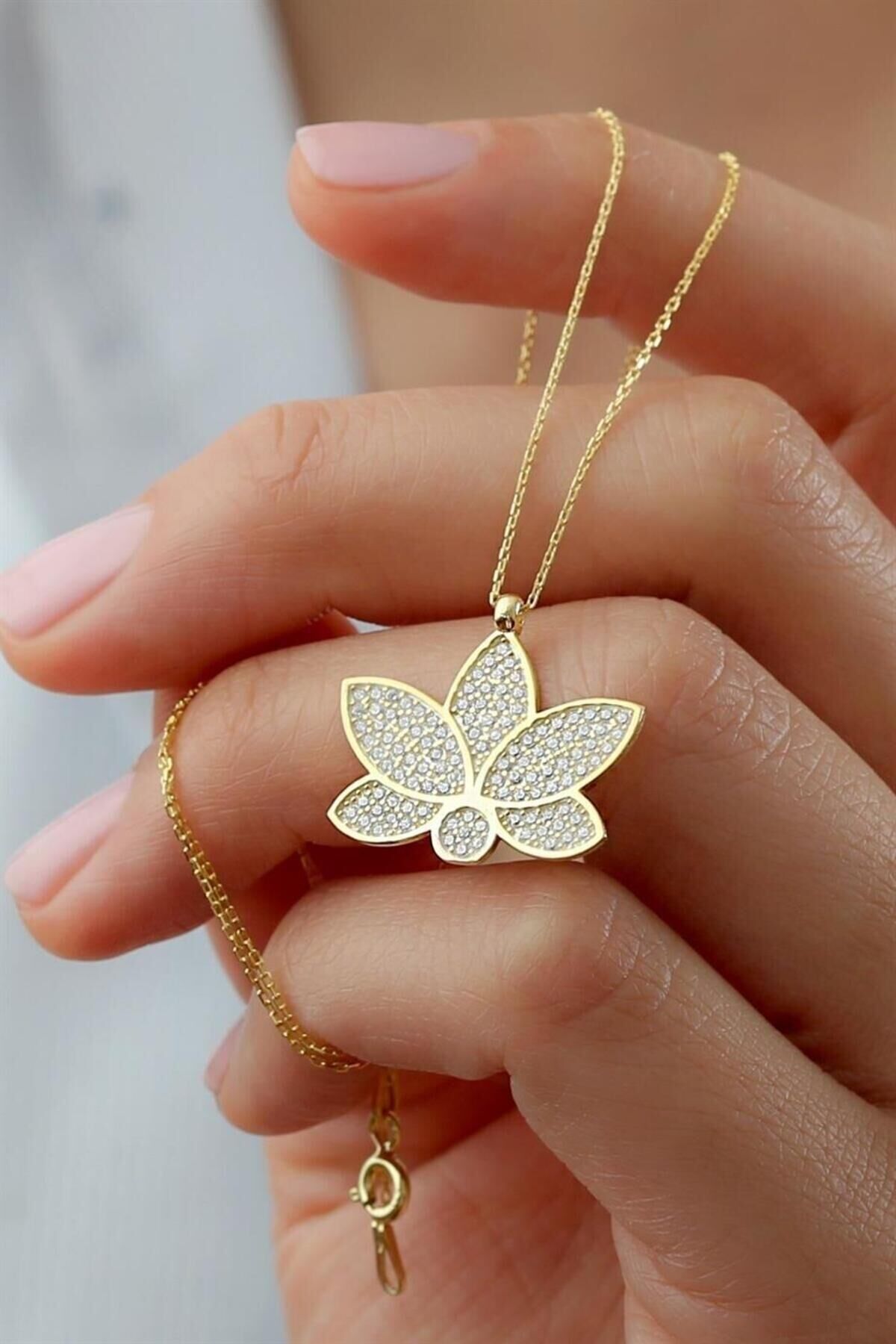 925 Ayar Gümüş Lotus Çiçeği Kolye Gold - Tek Ebat