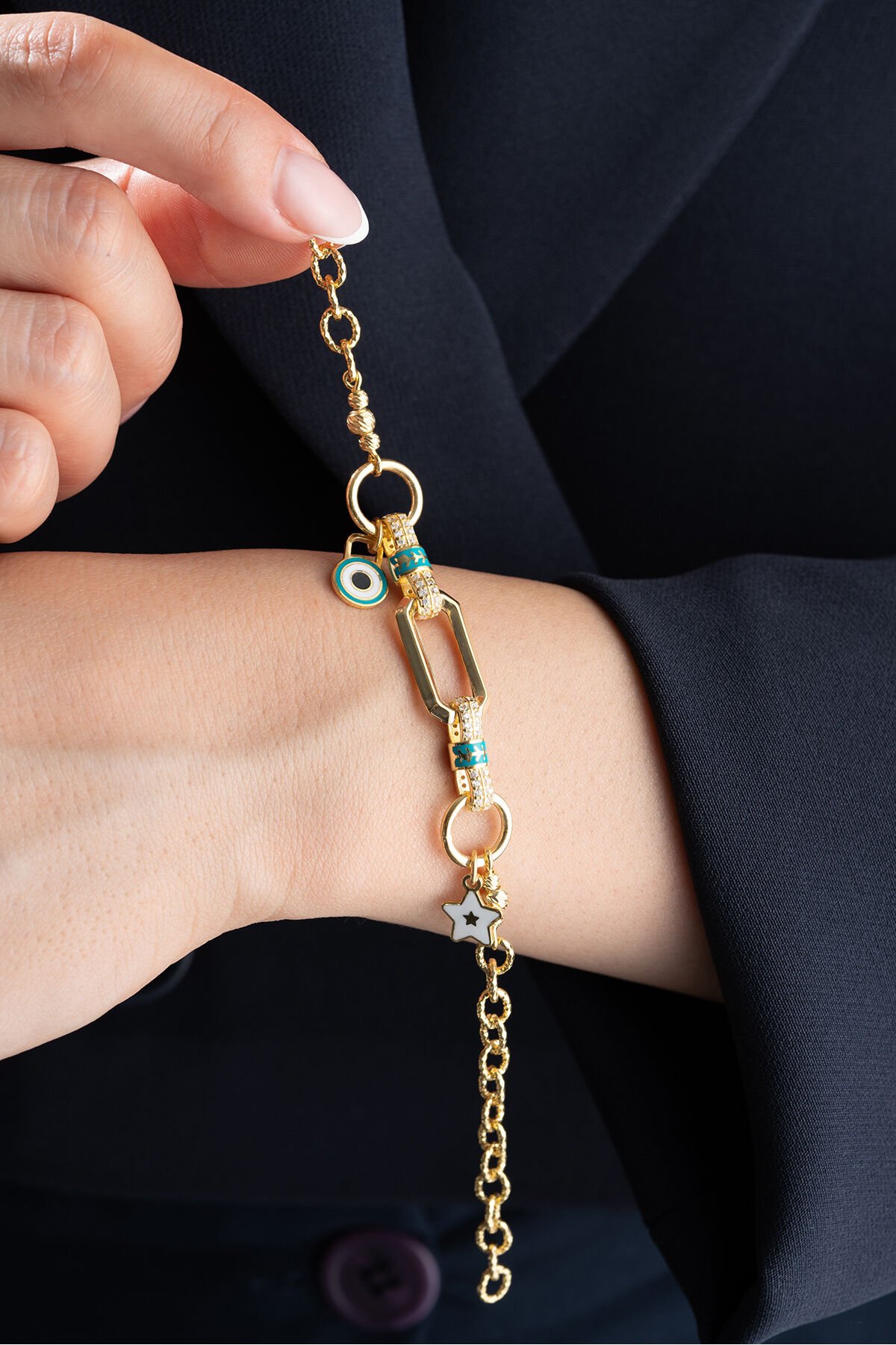 925 Ayar Gümüş Taşlı Trend Bileklik Gold - Tek Ebat