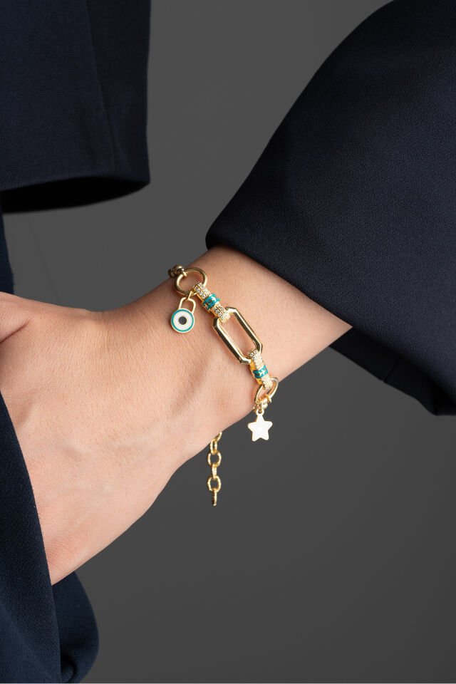 925 Ayar Gümüş Taşlı Trend Bileklik Gold - Tek Ebat