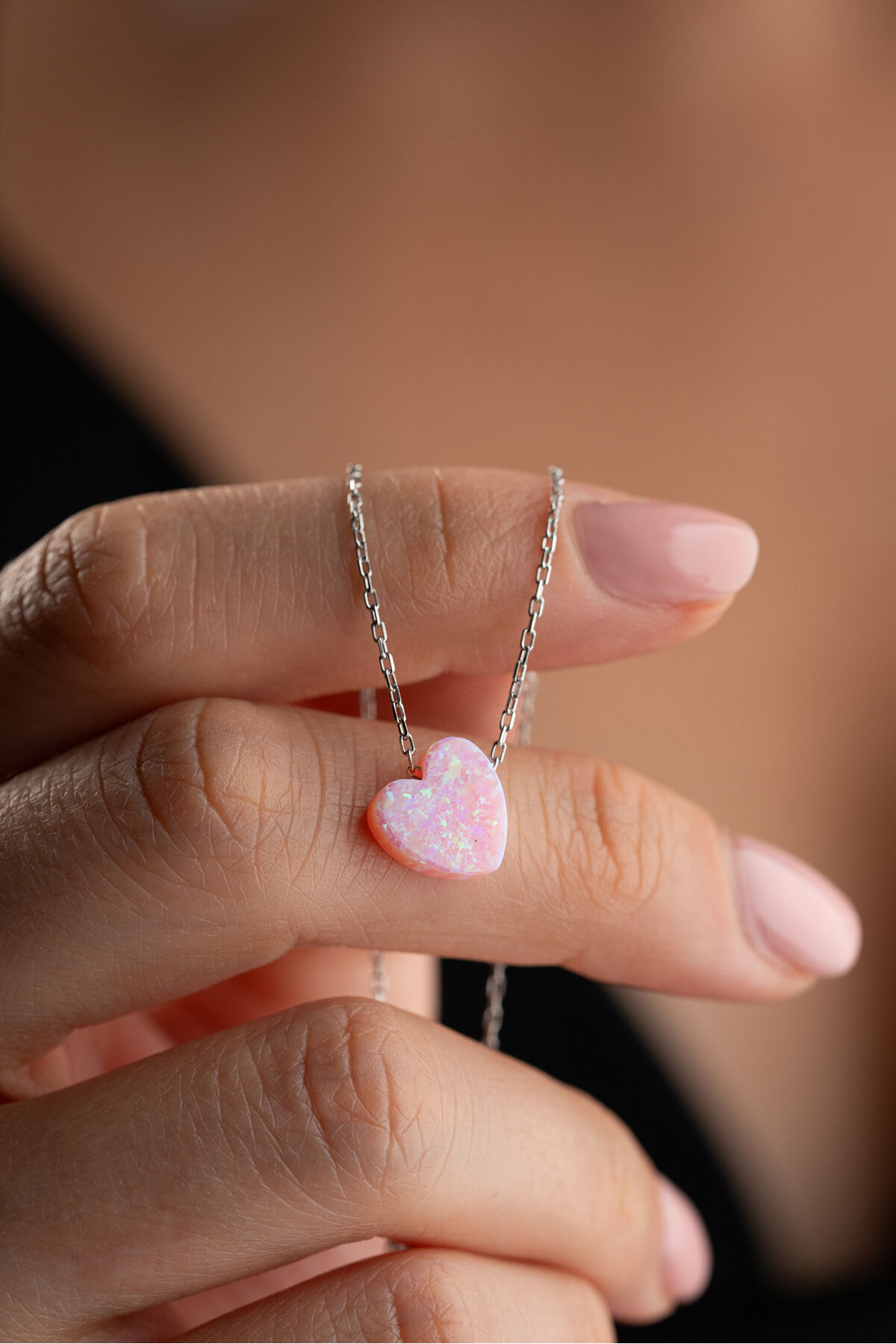 925 Ayar Gümüş Pembe Doğal Taş Kalp Kolye