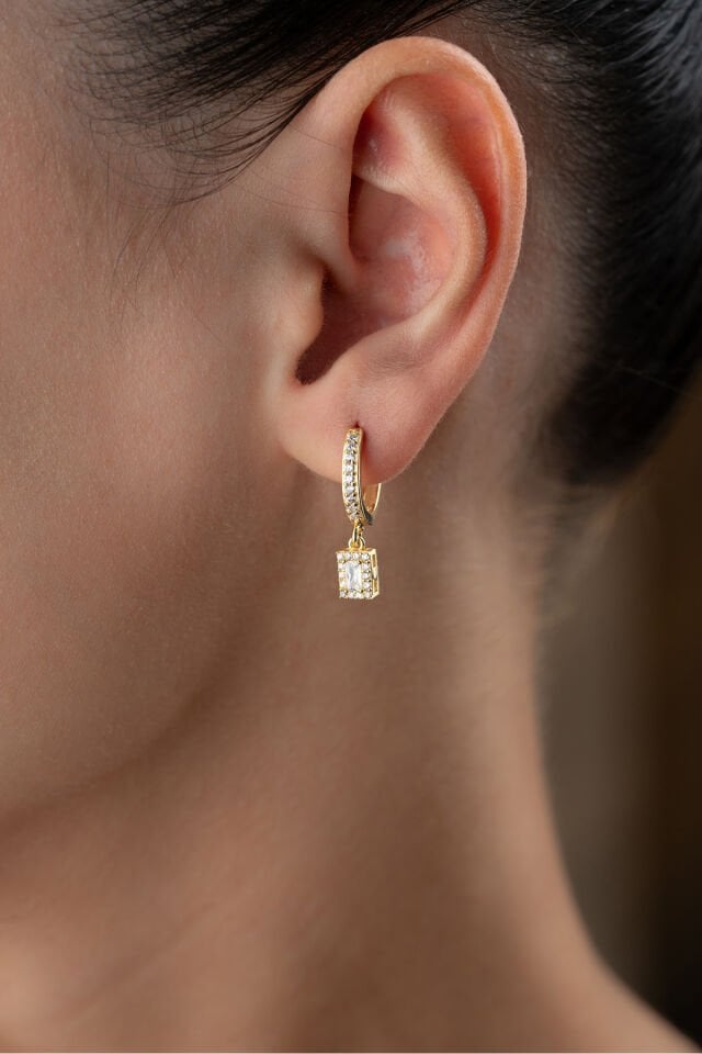 925 Ayar Gümüş Gold Baget Taşlı Halkalı Küpe