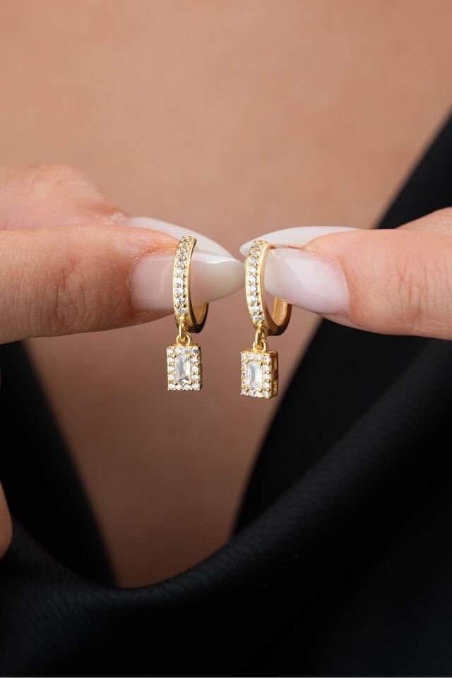 925 Ayar Gümüş Gold Baget Taşlı Halkalı Küpe