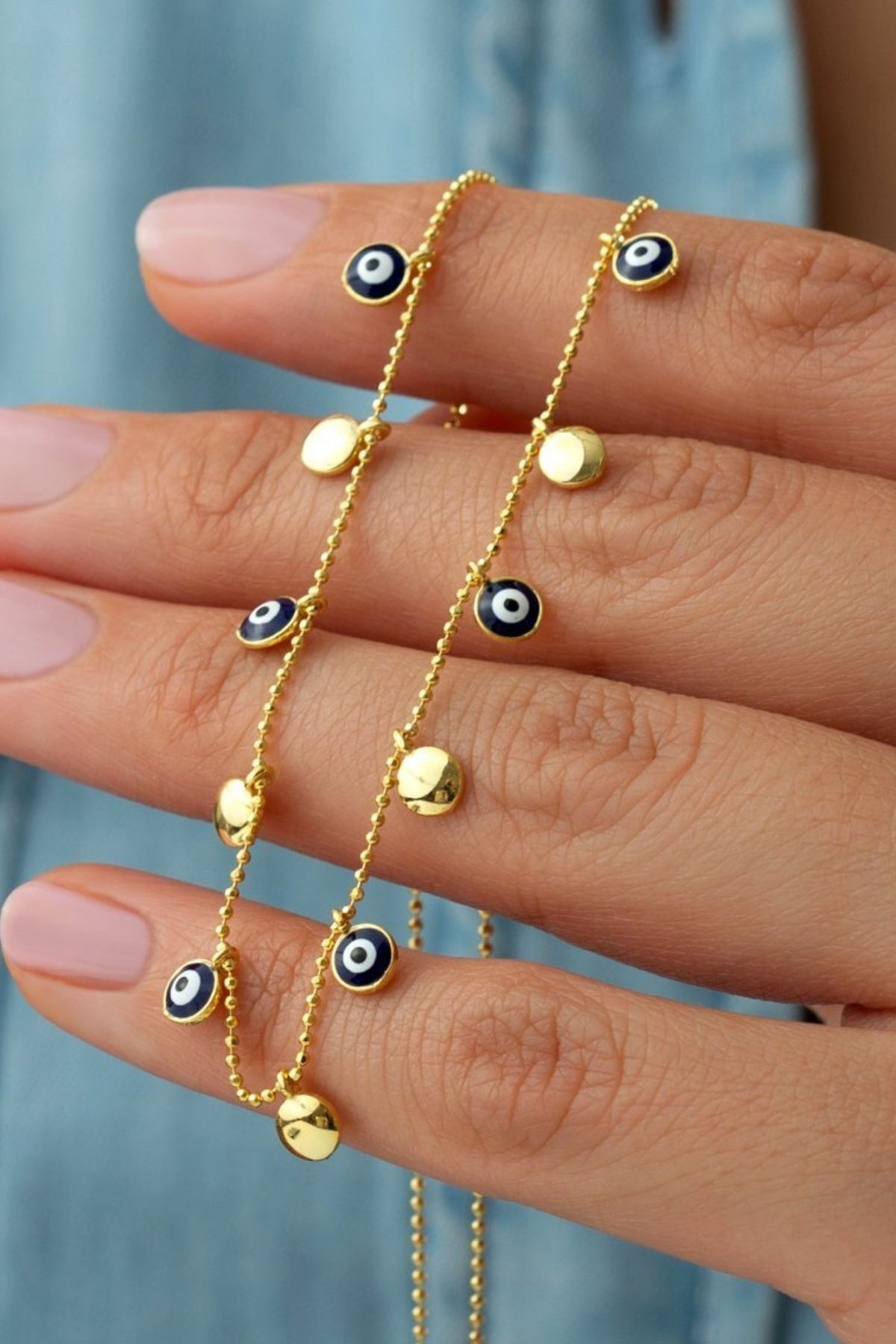 925 Ayar Gümüş Nazarlı Pullu Şans Kolyesi Gold - Tek Ebat
