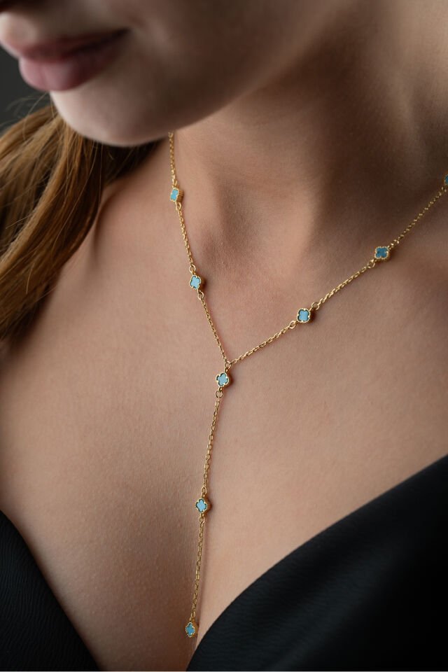 925 Ayar Gümüş Turkuaz Taşlı Yonca Y kolye