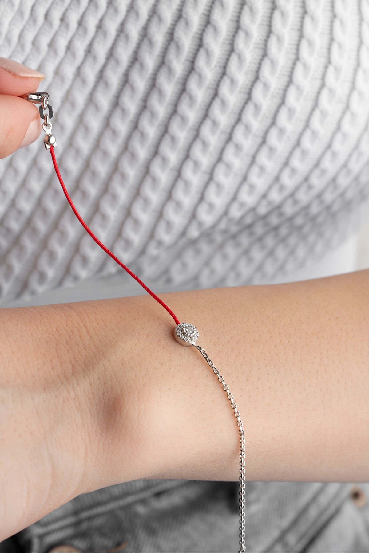 925 Ayar Gümüş Baget Taşlı Kırmızı İpli Bileklik Silver - 19 cm