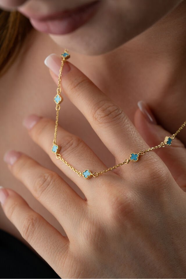 925 Ayar Gümüş Turkuaz Taşlı Yonca Kolye