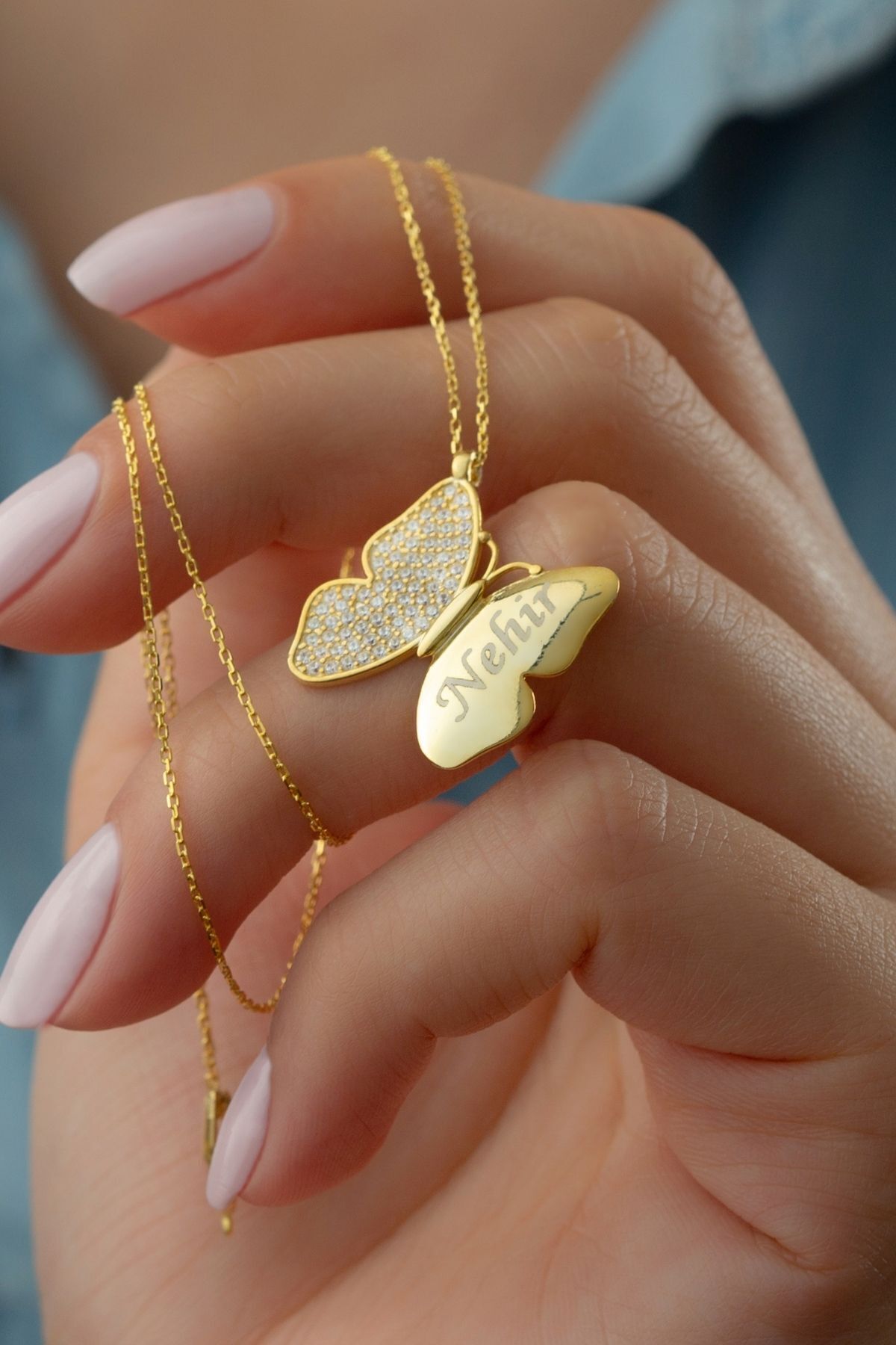 925 Ayar Gümüş Annem Kelebek Kolye Gold - Tek Ebat