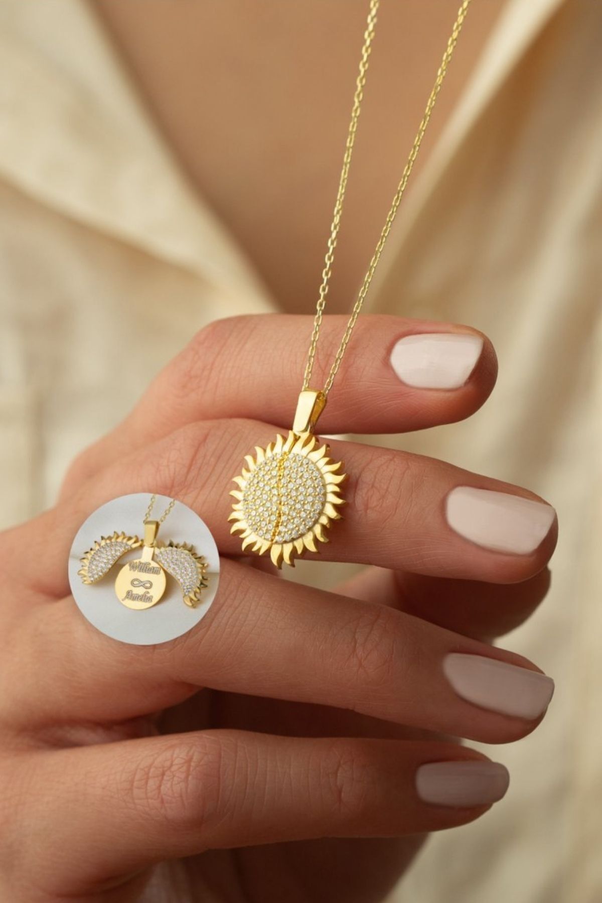 925 Ayar Gümüş Açılan Güneş Kolye Gold - Tek Ebat