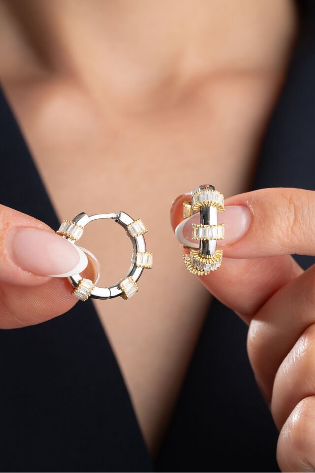 925 Ayar Gümüş Baget Taşlı Halka Küpe Silver - Tek Ebat