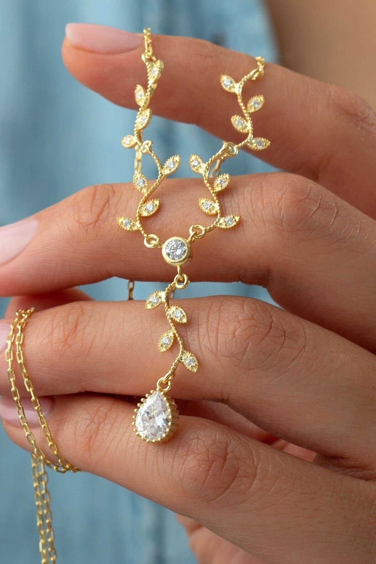 925 Ayar Gümüş Sarmaşık Elegant Kolye Gold - Tek Ebat