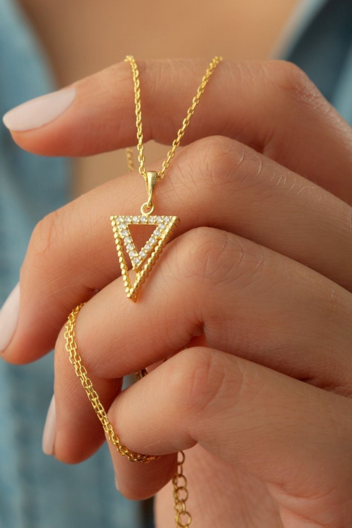 925 Ayar Gümüş Taşlı Üçgen Kolye Gold - Tek Ebat