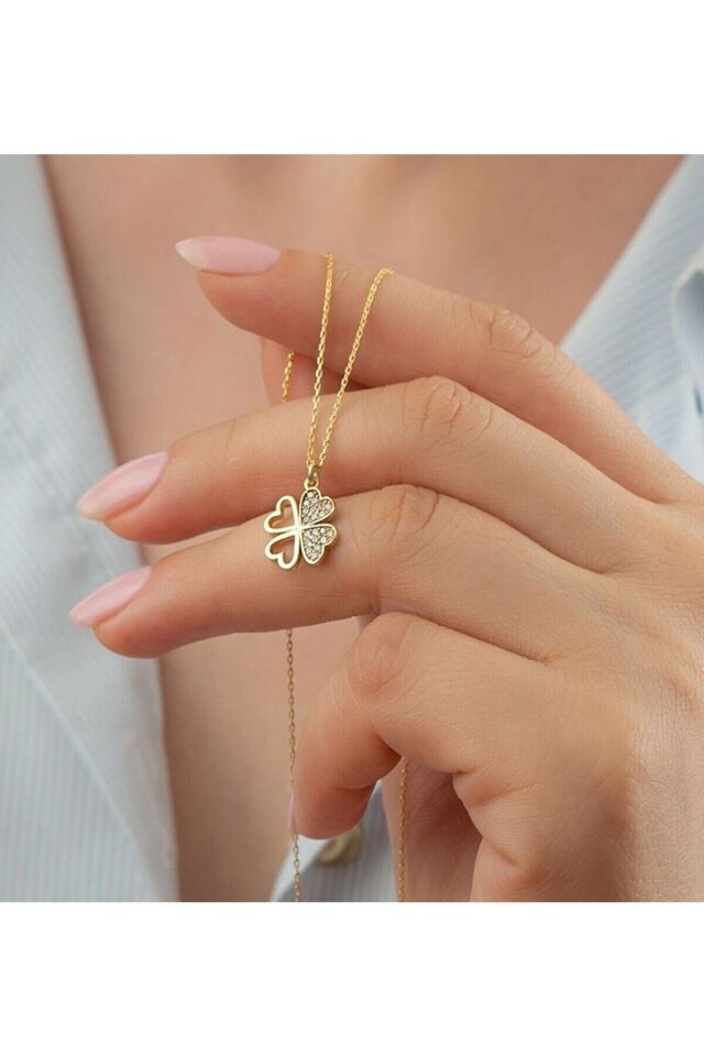 925 Ayar Gold Yonca Zirkon Taşlı Gümüş Kolye Gold - Tek Ebat